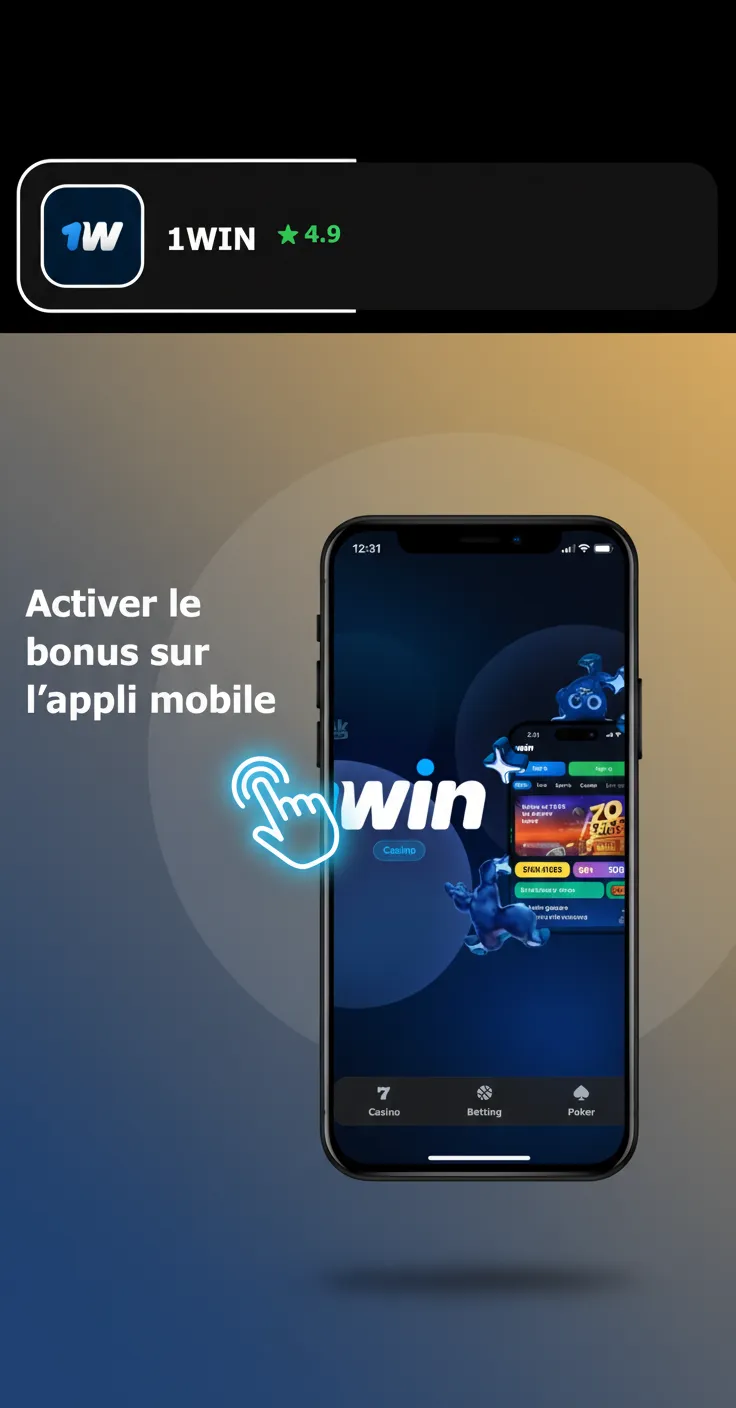 Écran de l’appli mobile 1win montrant les étapes pour activer le bonus, déposer en XAF et vérifier le solde.