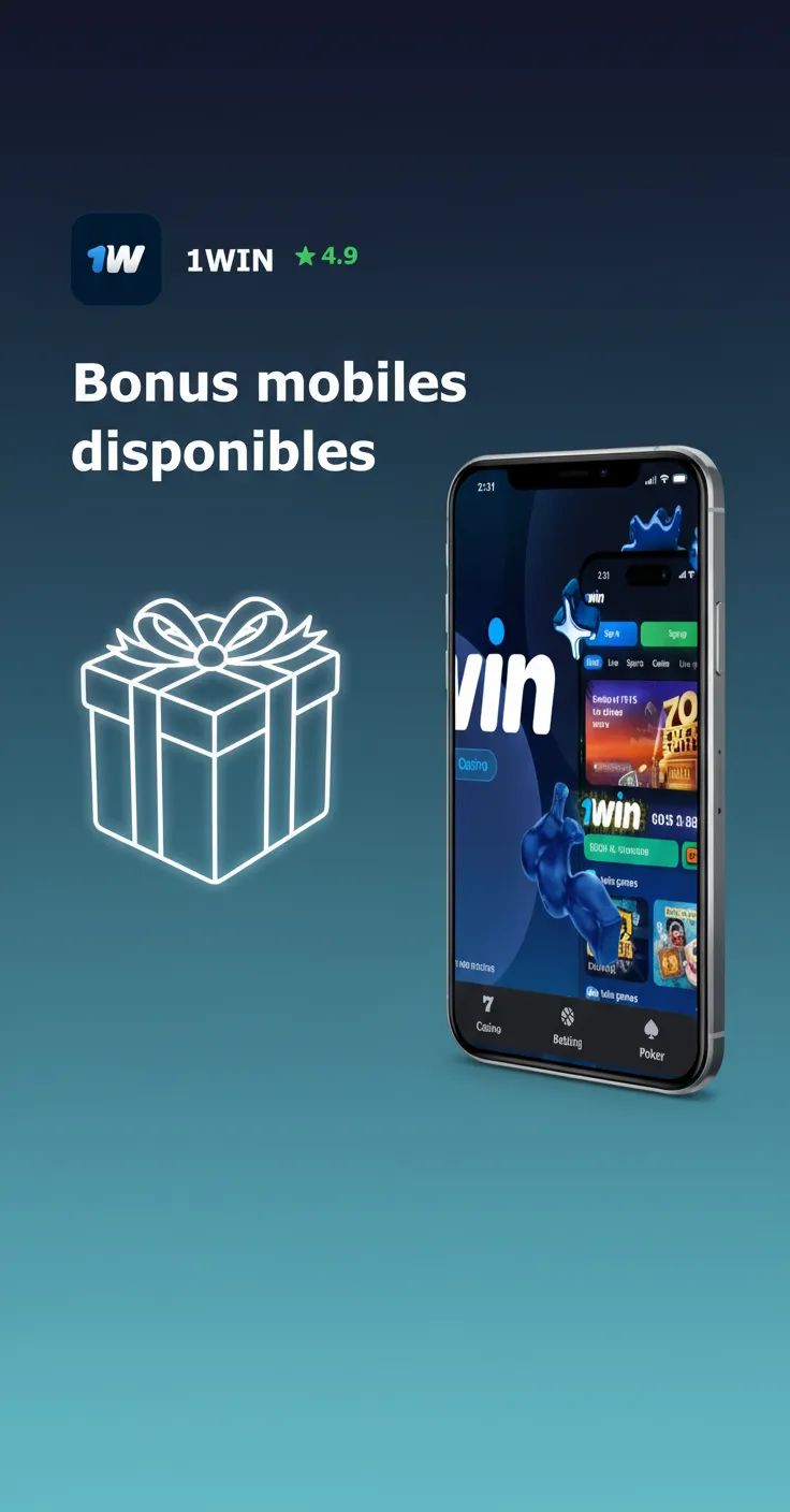 Écran d’app affiche bonus de bienvenue 500% (363 790 XAF), recharges, free spins et paris gratuits.