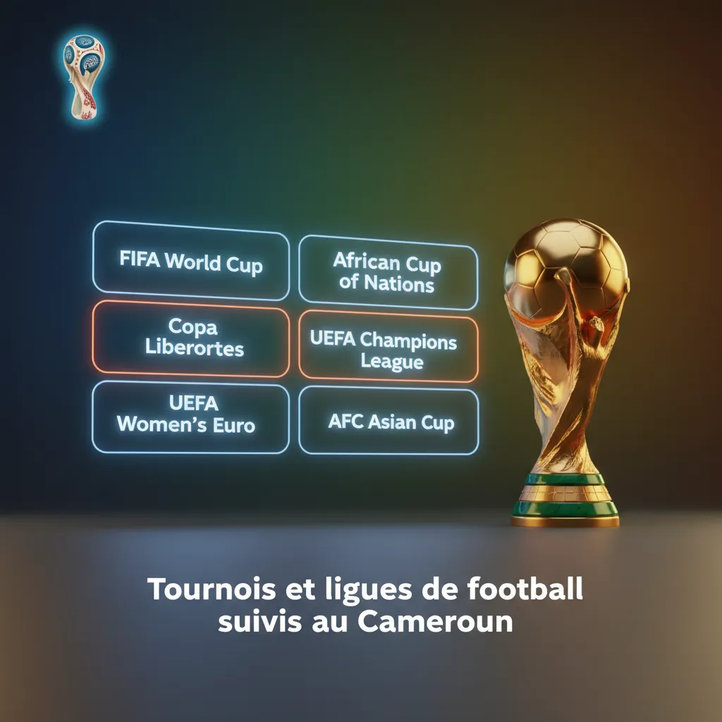 Infographie des ligues et tournois de foot au Cameroun: Mondial, UEFA, CAF, Elite One; marchés live et filtres pays