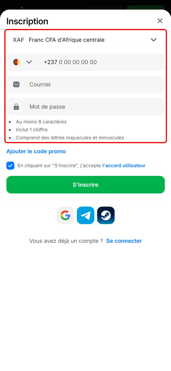 Renseignez vos informations personnelles sur l’application 1win Cameroun pour vous inscrire.