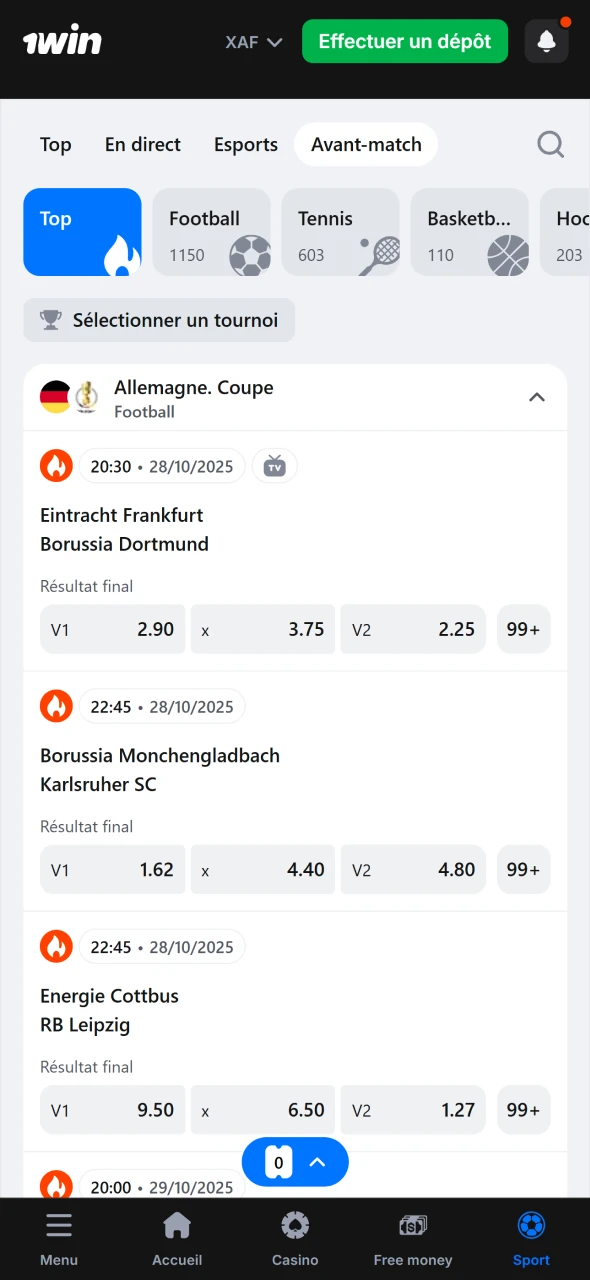 Choisissez votre sport ou événement préféré dans l’application 1win.