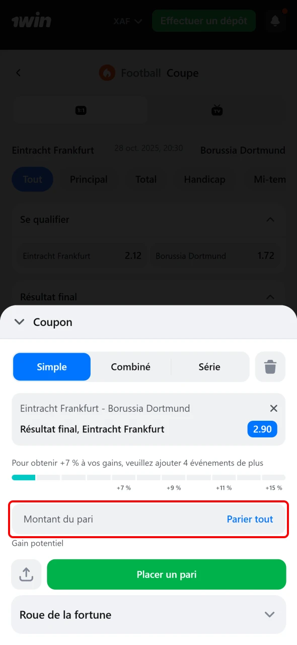 Indiquez le montant de votre mise directement dans l’application 1win.