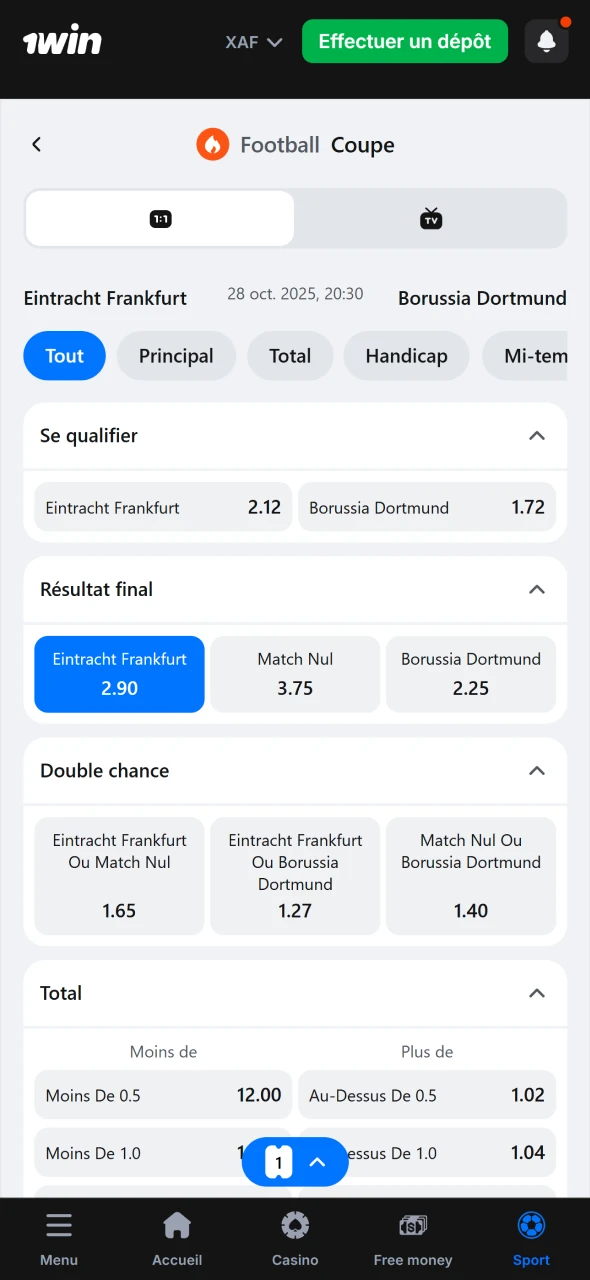 Sélectionnez le type de pari souhaité sur l’application 1win Cameroun.