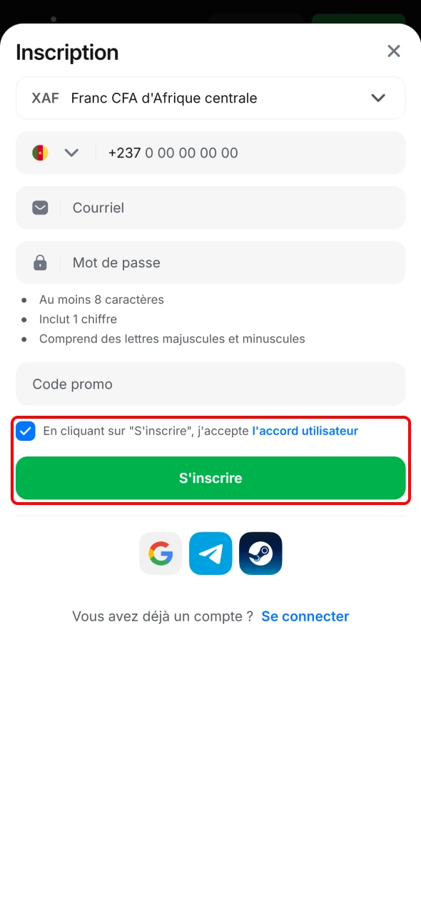 Acceptez les conditions 1win et complétez votre inscription casino.
