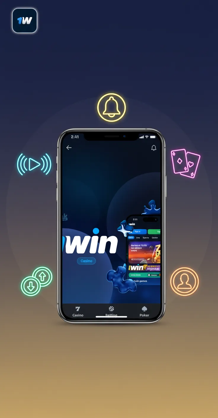 Interface 1win avec paris en direct, casino, dépôts/retraits XAF, profil sécurisé, notifications.
