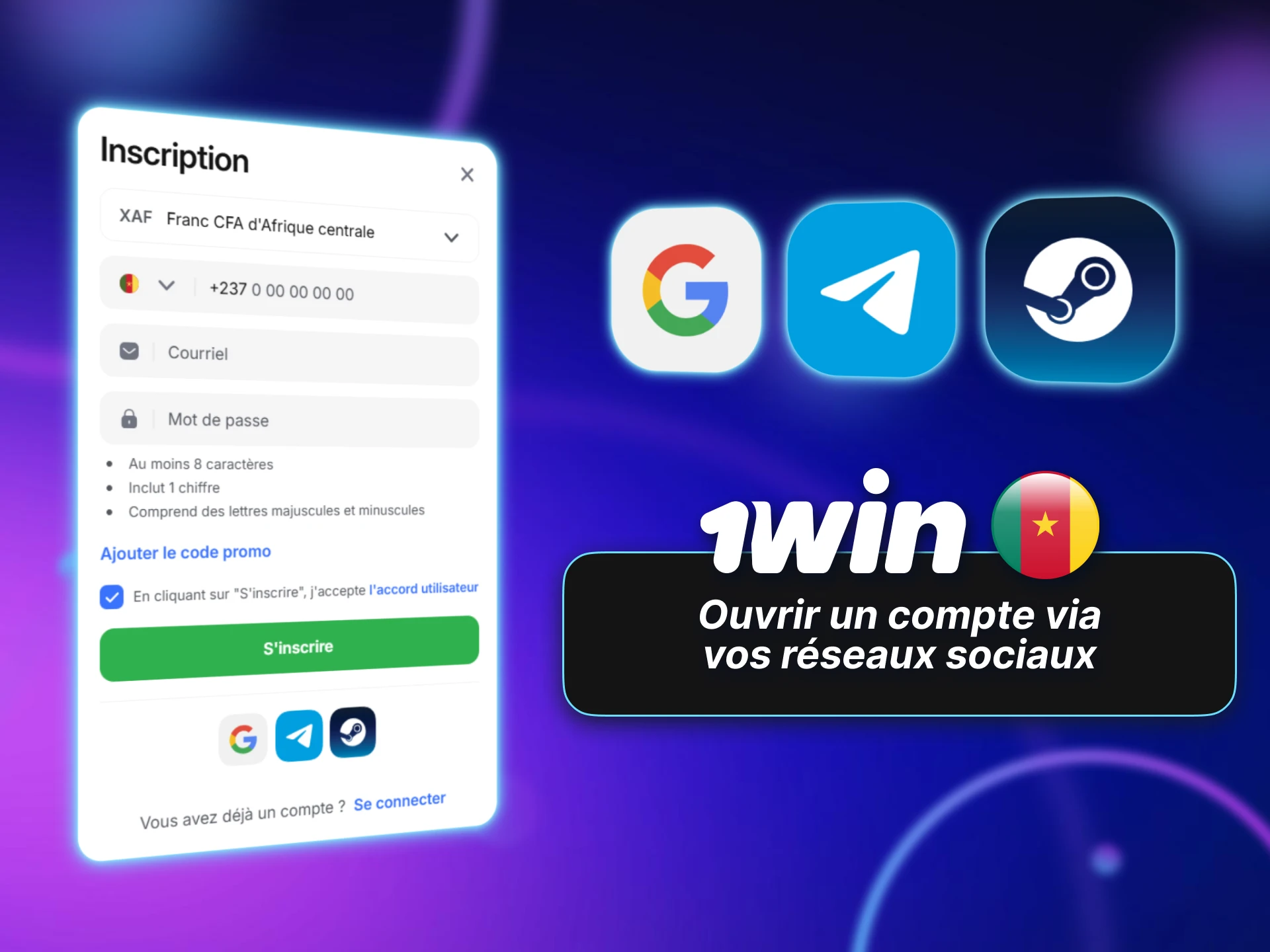Ouvrez un compte 1win via vos réseaux sociaux sur le site Cameroun.