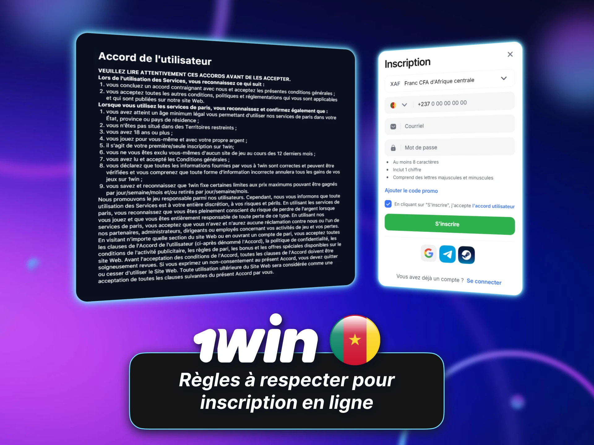 Respectez les règles d’inscription en ligne sur le site 1win Cameroun.