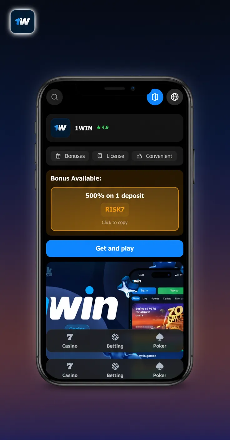 Interface 1win mobile-first claire et rapide: filtres simples, coupon de pari visible, recherche, Sports, Live, Casino, solde