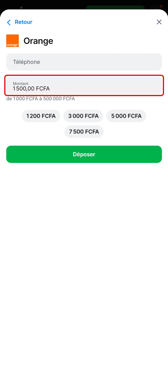 Saisissez le montant de dépôt souhaité sur 1win Cameroun.