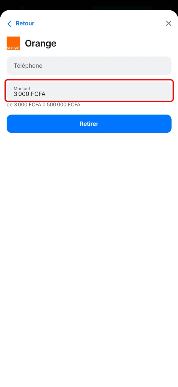 Entrez le montant à retirer depuis votre compte 1win.