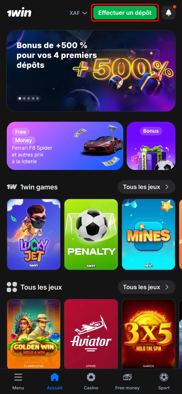 Accédez à la section Dépôt sur 1win pour ajouter des fonds.