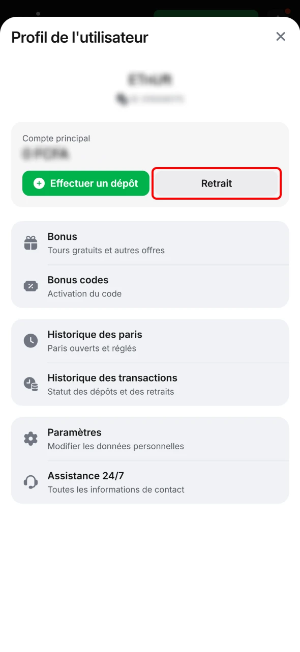 Rendez-vous dans la section Retraits sur 1win Cameroun.