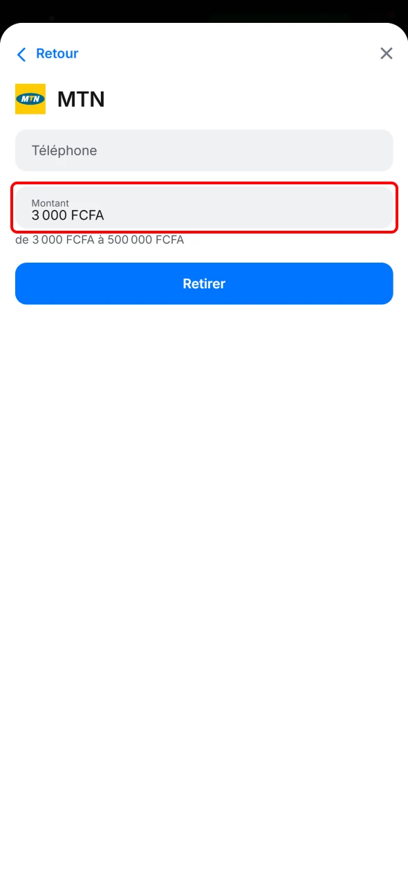 Saisissez le montant à retirer sur 1win et confirmez.