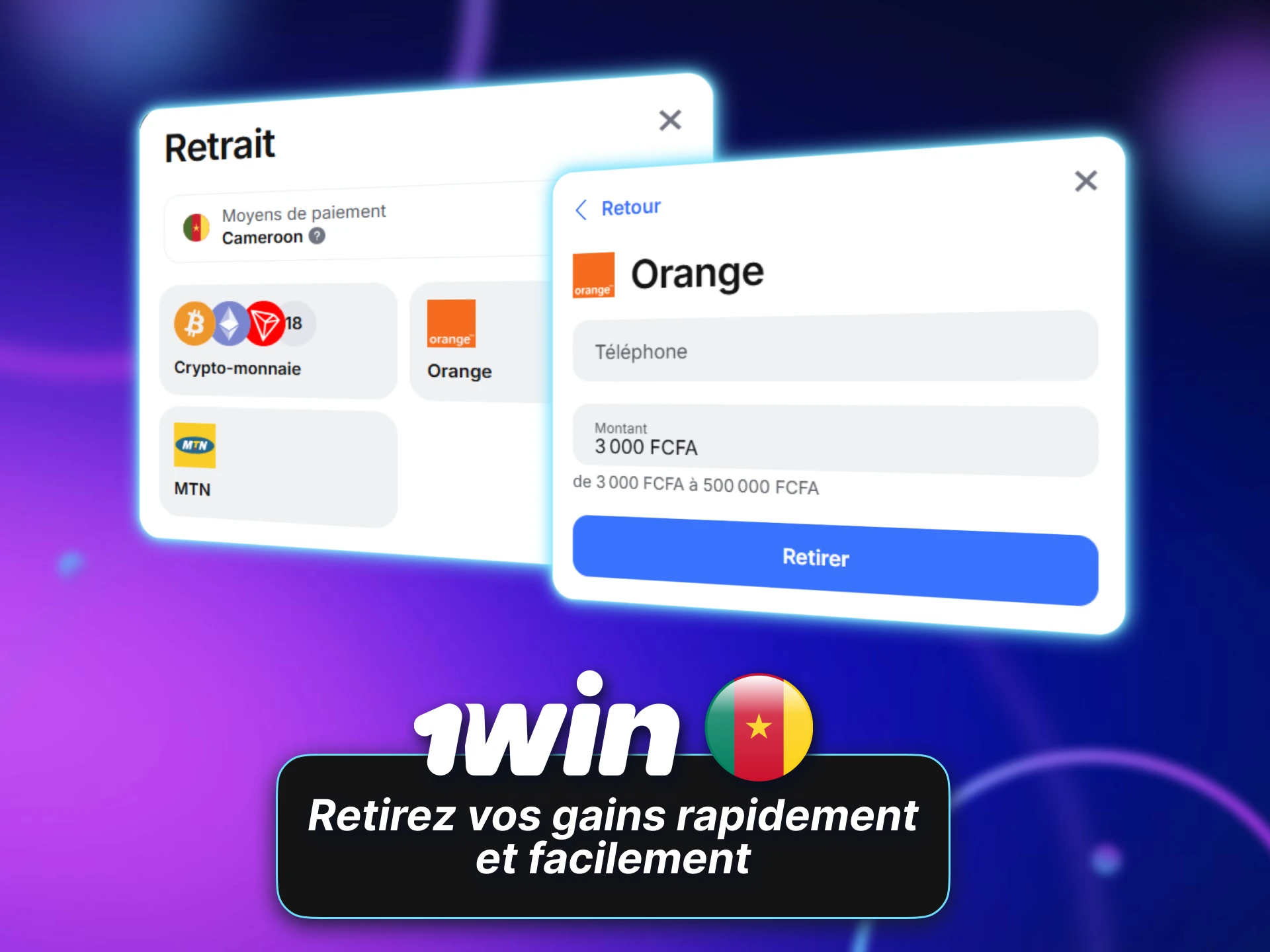 Retirez vos gains rapidement et facilement avec 1win Cameroun.