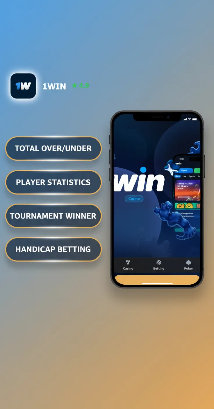 Écran de l’app 1win présentant les types de paris: 1X2, double chance, plus/moins, handicap asiatique, combiné, en direct.