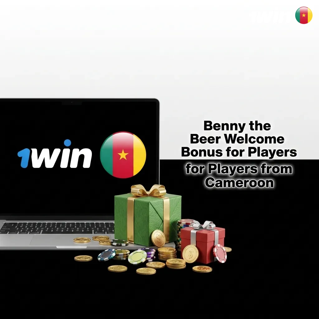 1win welcome bonus offer for Benny the Beer casino game showing 500% match up to 363,790 XAF for Cameroon players