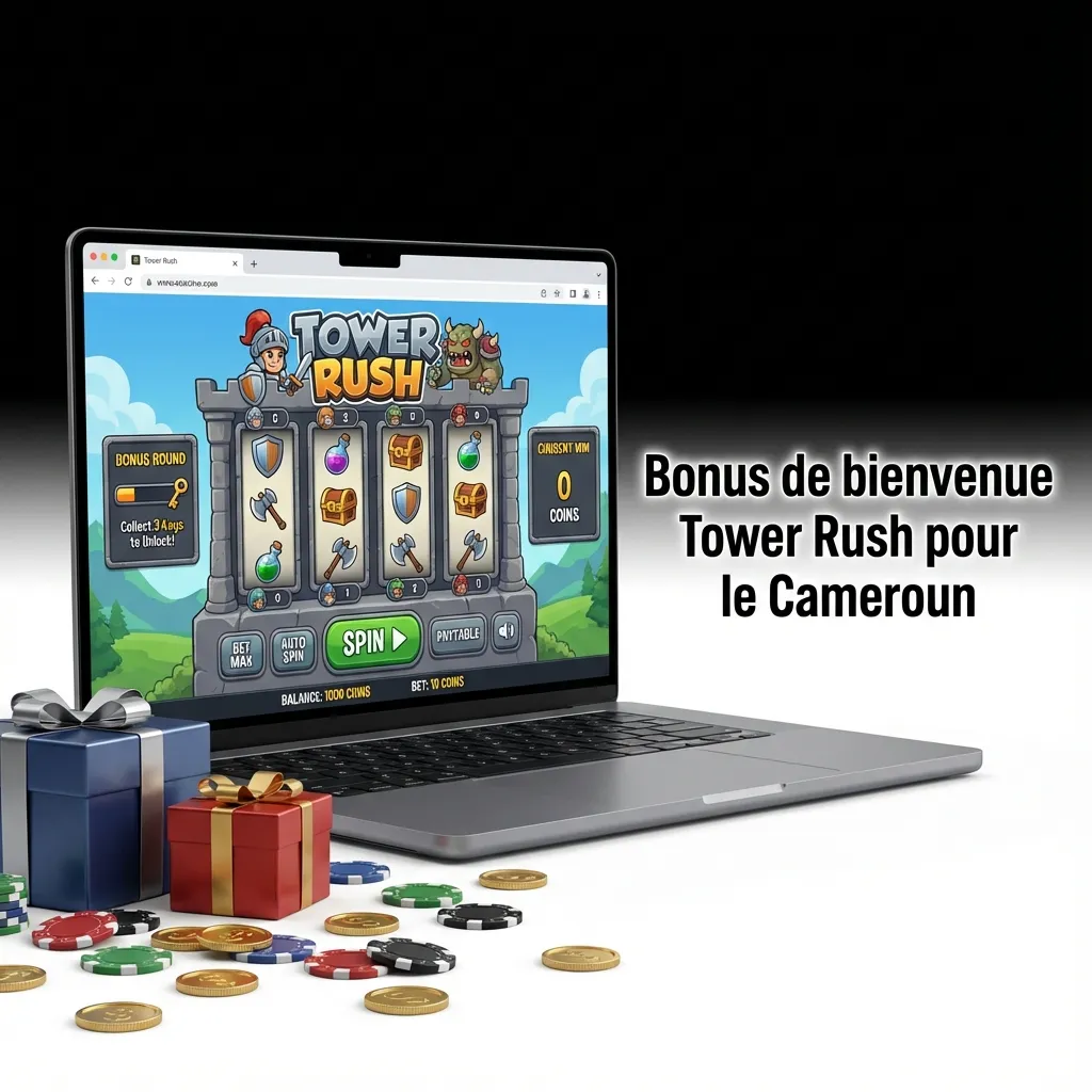Affiche promo Tower Rush Cameroun: bonus de bienvenue 500% jusqu’à 363 790 XAF, dépôt min 3 000 XAF, mise 35x.