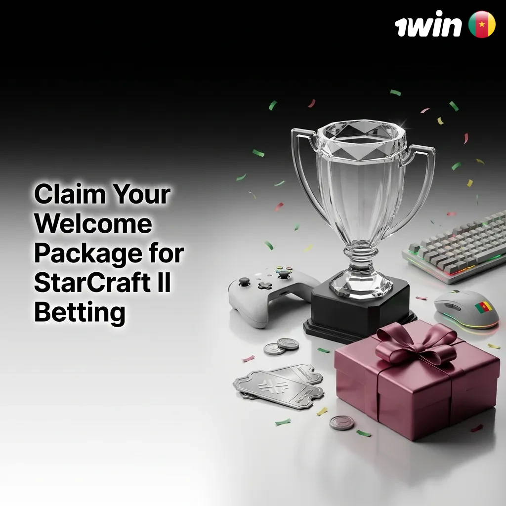 StarCraft II betting welcome bonus interface showing registration steps and 500% deposit bonus up to 363,790 XAF offer