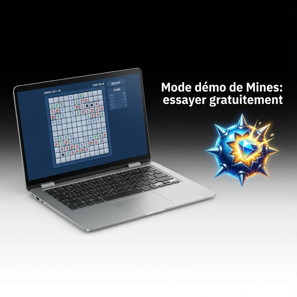 Écran du mode démo de Mines avec crédits virtuels et bouton Essayer gratuitement, retraits/bonus désactivés.