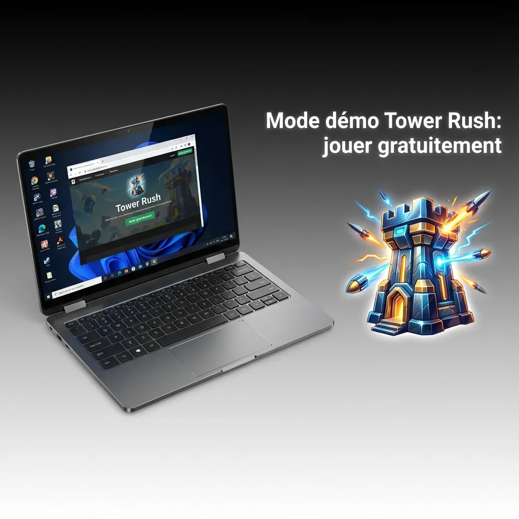 Écran du mode démo Tower Rush sur 1win: jouer gratuitement, règles identiques, gains virtuels non retirables.