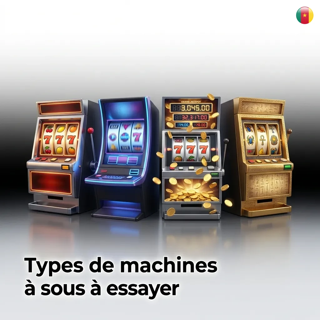 Illustration montrant différents types de machines à sous : classiques, vidéo, Megaways, jackpots progressifs et Hold & Win