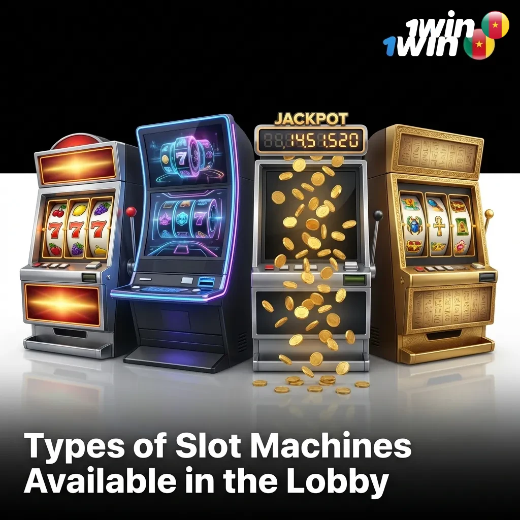 Colorful slot machine lobby interface displaying various game categories including classic, video, progressive jackpot slots