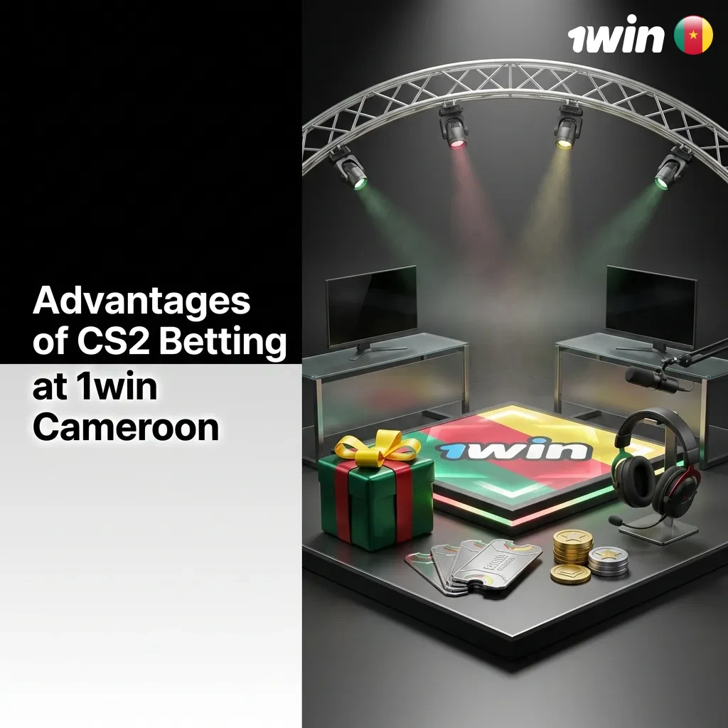 CS2 betting platform interface showing welcome bonus, mobile app, and payment options for Cameroonian players at 1win