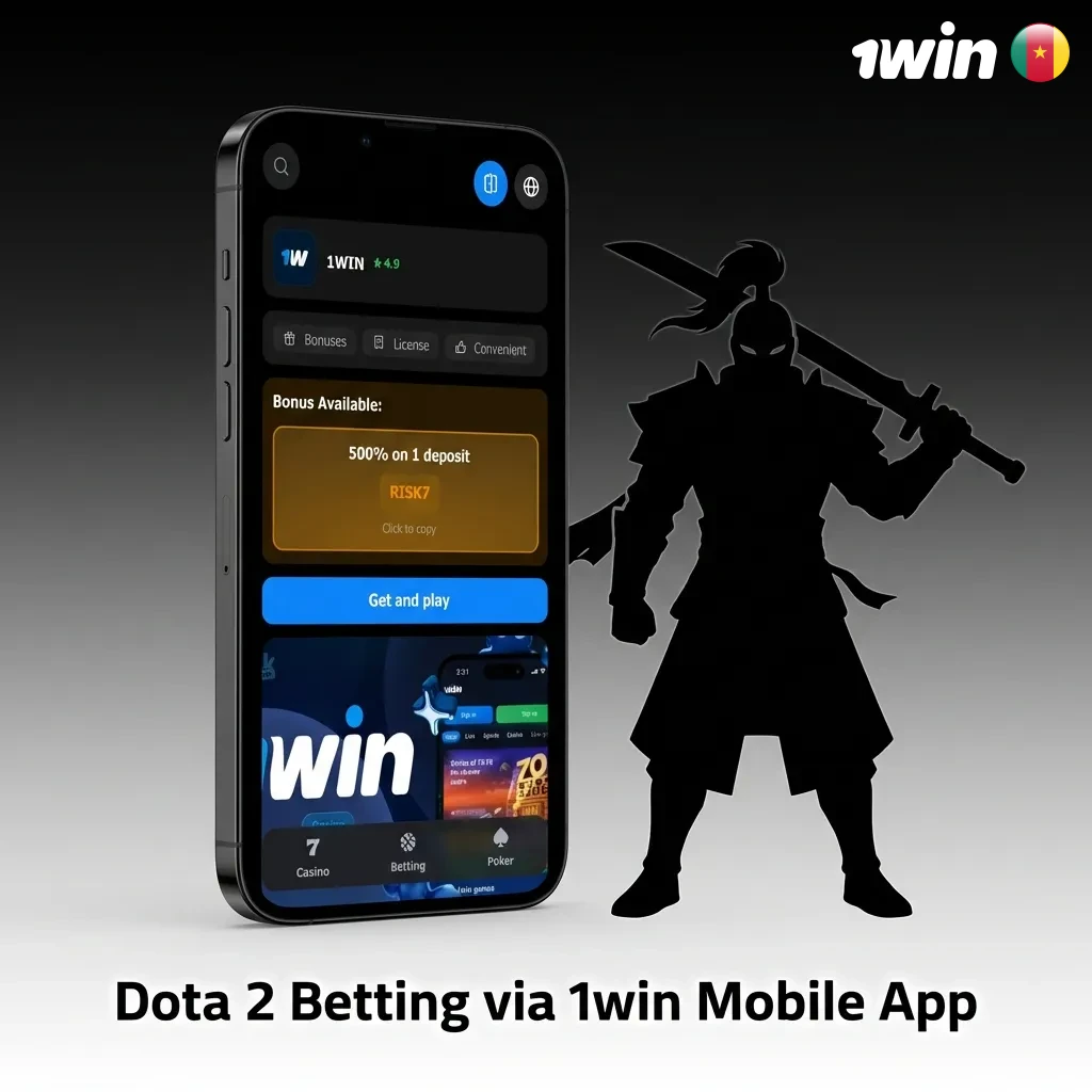 Mobile phone displaying 1win app Dota 2 betting interface with match odds and betting markets in Cameroon