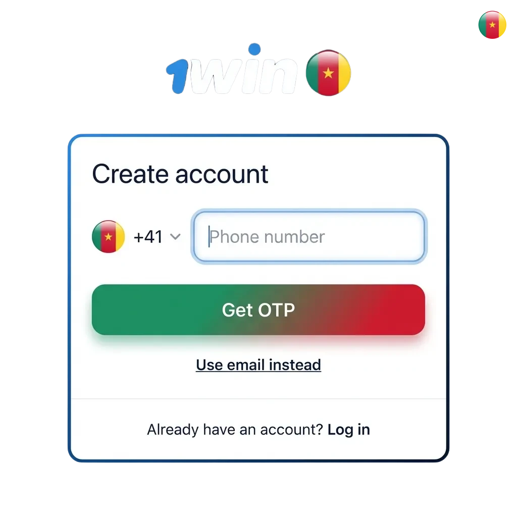 1win account dashboard showing login page, sports betting options, and welcome bonus for new Cameroon players