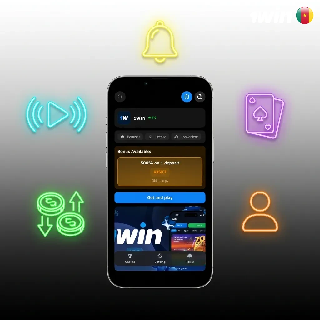 1win mobile app interface showing XAF currency, MTN payment options, casino games, and live betting features for Cameroon