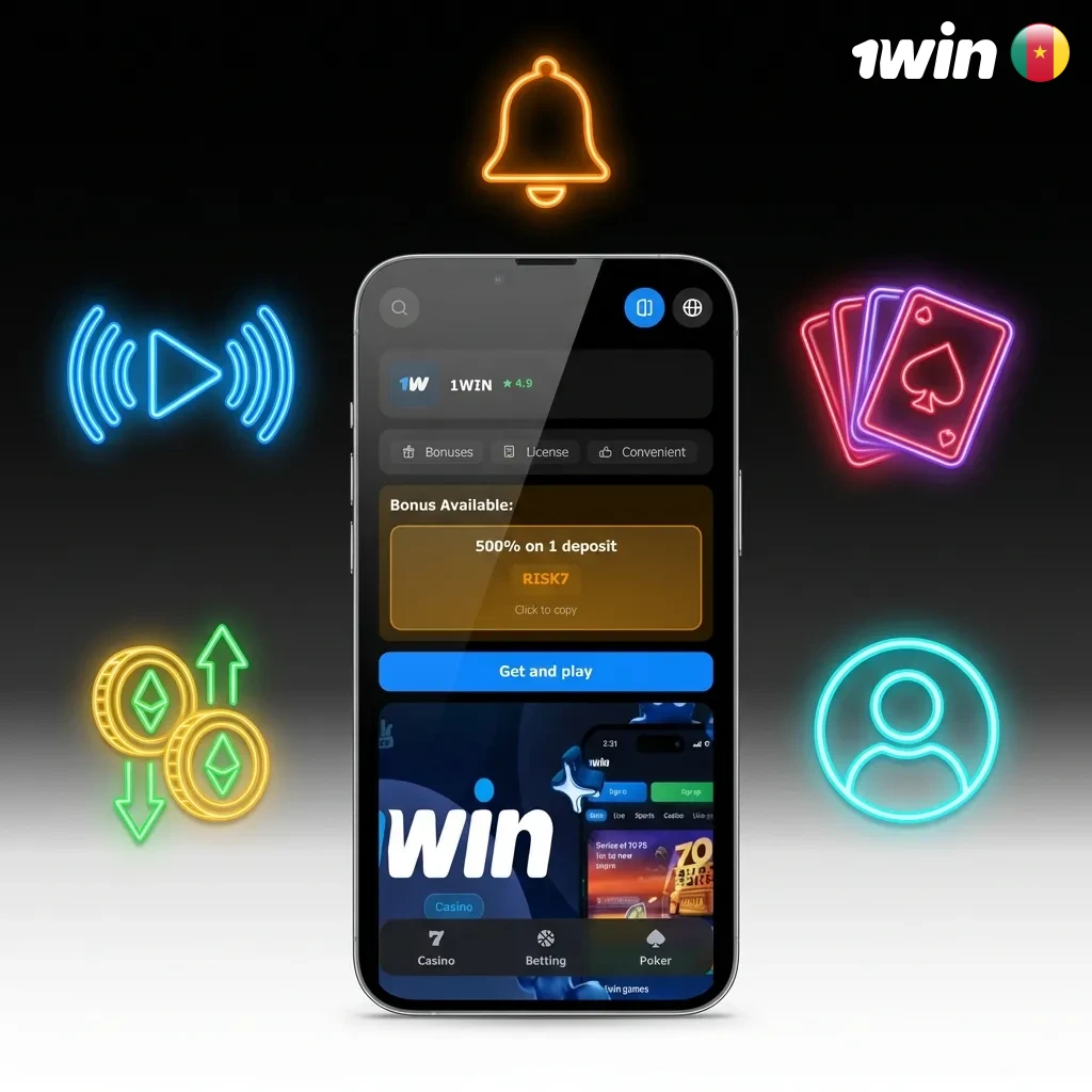 1win mobile app interface showing sports betting, casino games, and local payment options for Cameroon users
