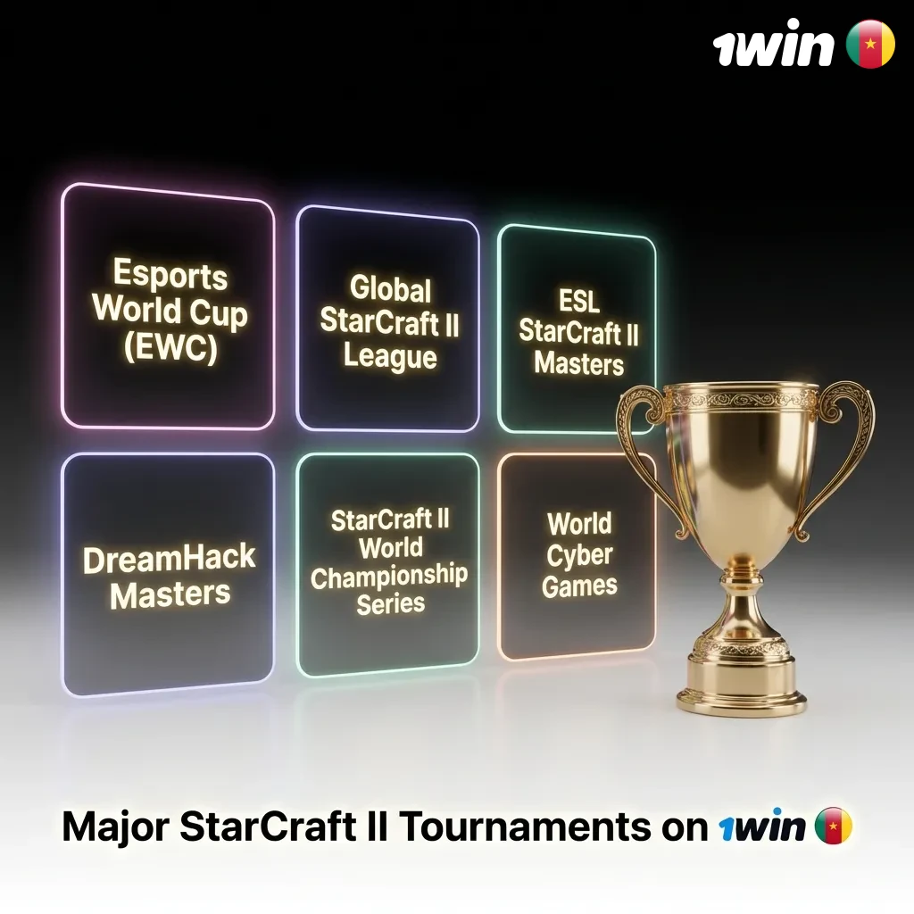 StarCraft II tournament logos and championship trophy representing major esports competitions available on 1win betting platform