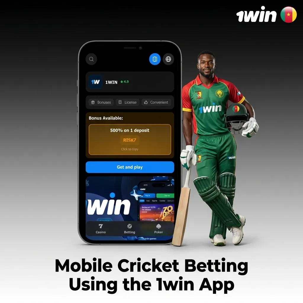 Person using smartphone to place cricket bet on 1win mobile app with live odds and match statistics displayed