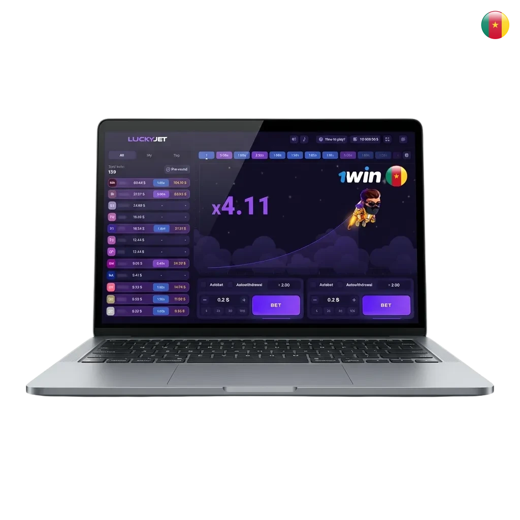 Lucky Jet crash game interface on 1win platform showing jet aircraft and multiplier display for Cameroonian players